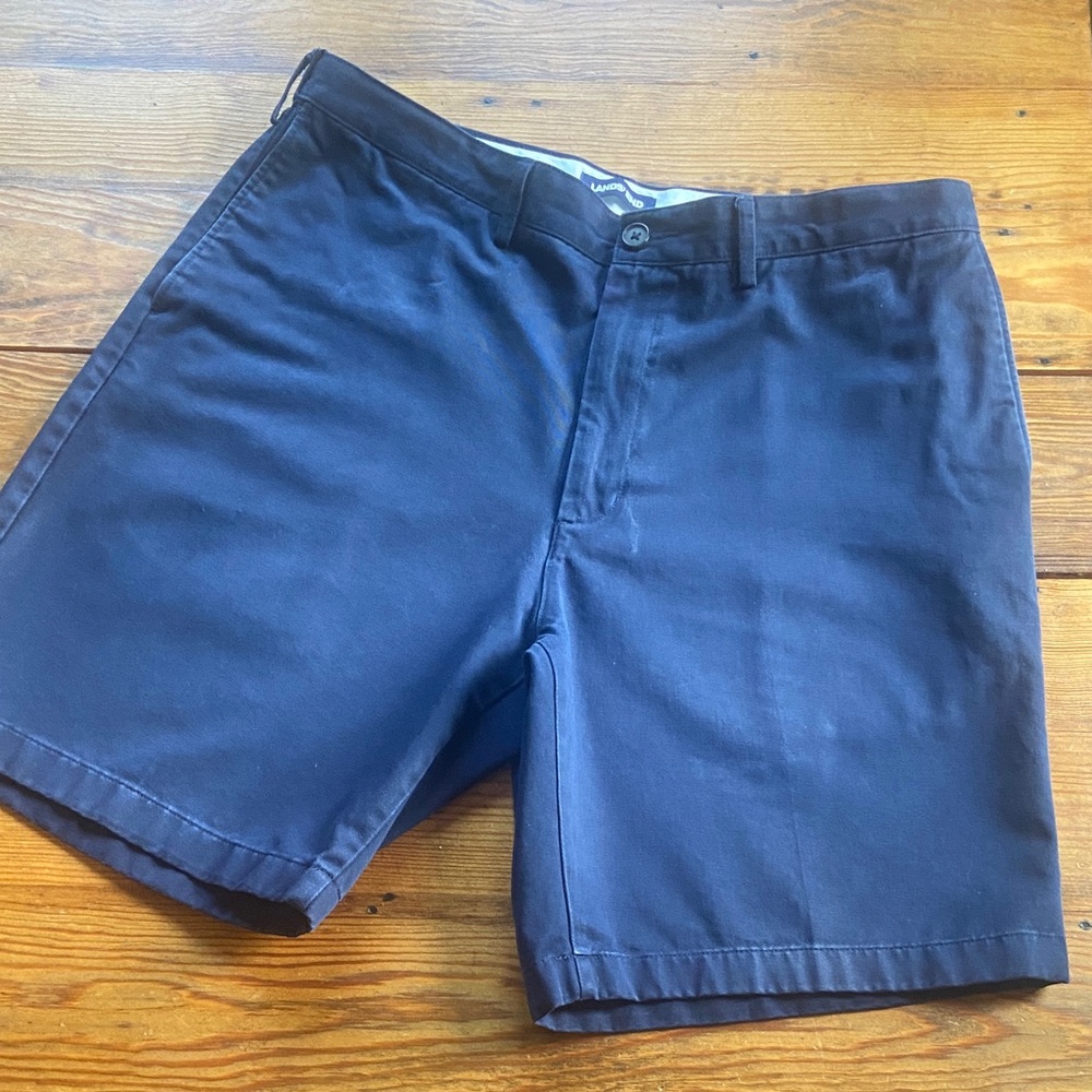 Lands’ End Men’s no iron 9” comfort waist plain front chino short, navy, size 36